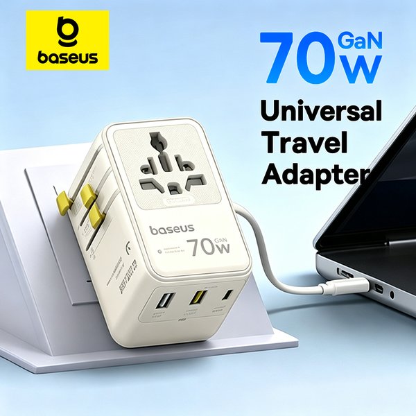 Baseus Universal Reiseadapter 70W GaN 2 AC-Anschlüsse 1 USB 2 Typ-C-Ports Einziehbares Kabel Schnellladegerät EU UK US AUS 6-in-1 Stecker
