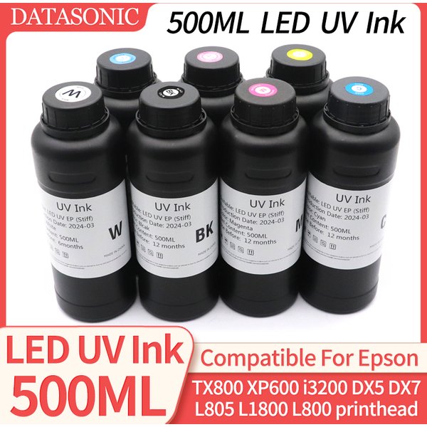 DAT 500ML Tusz UV LED Kompatybilny z głowicami Epson i3200 i1600 XP600 L800 L805 L1800 TX800 1390 DX5 DX7 do drukarek UV Flatbed