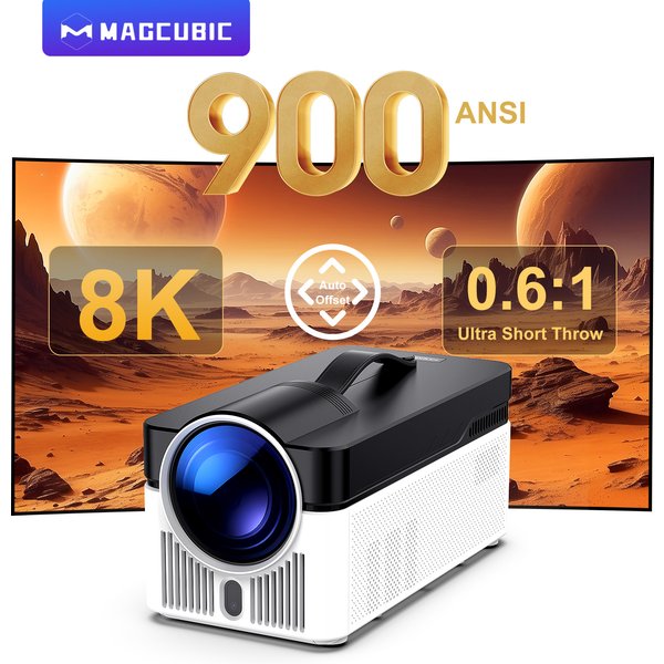 Projecteur Magcubic Ultra Short Throw HY450 avec Correction Automatique de l'Écart, 1080P 8K, Mise au Point Électronique, 900 ANSI, WiFi6, BT5.4, Allwinner H726, Commande Vocale