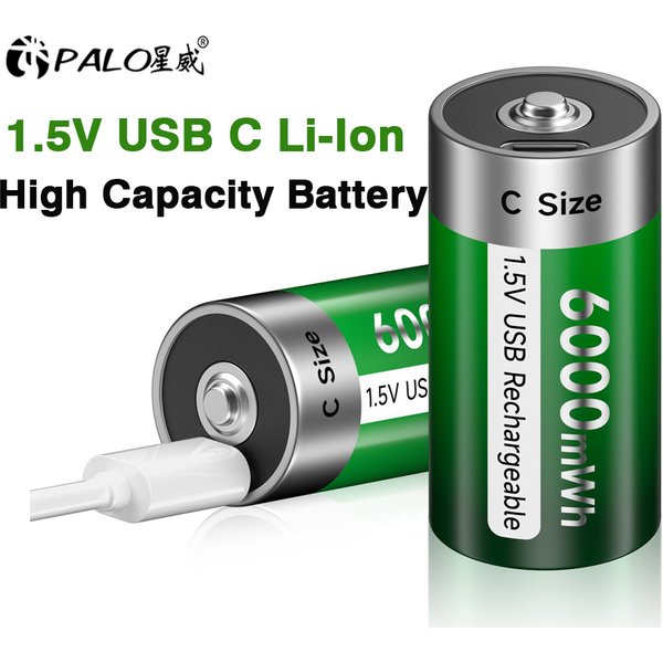 Batterie rechargeable PALO 1,5 V de type C, port USB, 6000 mWh, R14 LR14, batterie Li-ion C, piles pour chauffe-eau, cuisinière à gaz