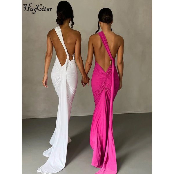 Hugcitar – robe Maxi asymétrique épaule dénudée, dos nu, écharpe réglable, froncée, Sexy, élégante, Y2K, Streetwear, tenue de Festival