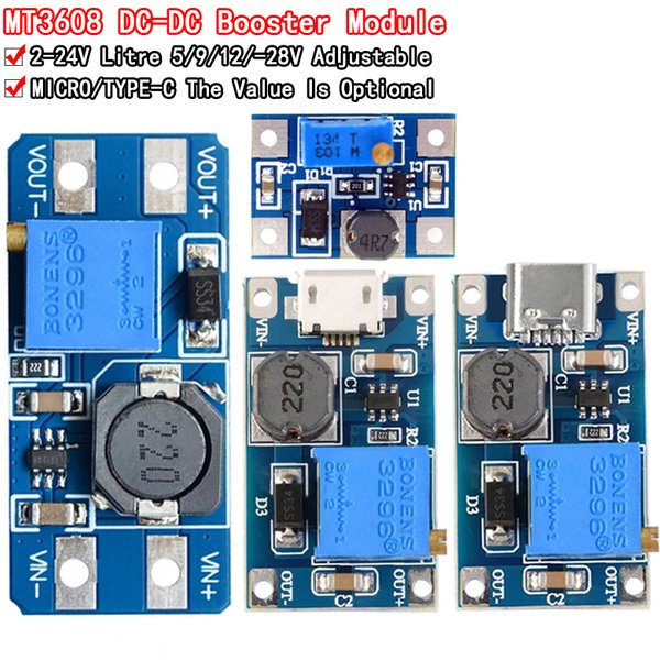 MT3608 DC-DC Einstellbares Boost-Modul 2A Boost-Platten-Aufwärtsmodul mit MICRO USB 2V-24V bis 5V 9V 12V 28V