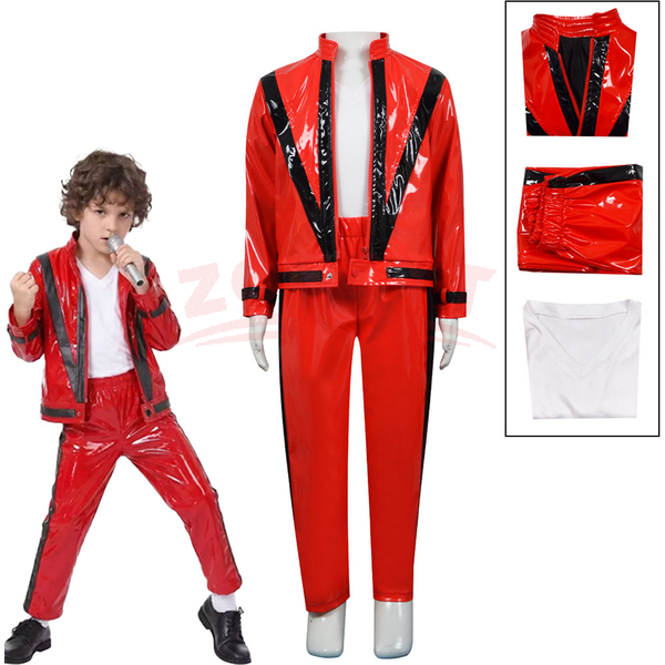 Michael Jackson Thriller Red Leather Jacket & Pants Set 80s Vintage Pop Singer Costume, Scary Night Halloween Stage Performance