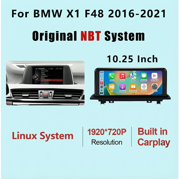 Compatible avec le BMW X1 F48 2016-2017, système NBT Linux. Équipé d'un écran tactile IPS de 10,25 pouces amélioré. Compatible avec CarPlay sans fil et Android Auto. Navigation haute définition sur