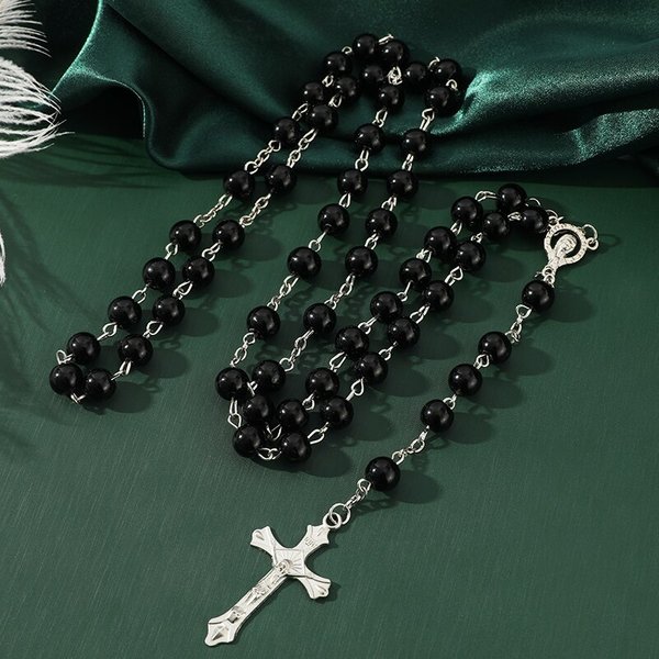 Collier fait à la main pour femmes, 1 pièce, Imitation de perles de Style Vintage, chapelet avec pendentif en croix, bijoux