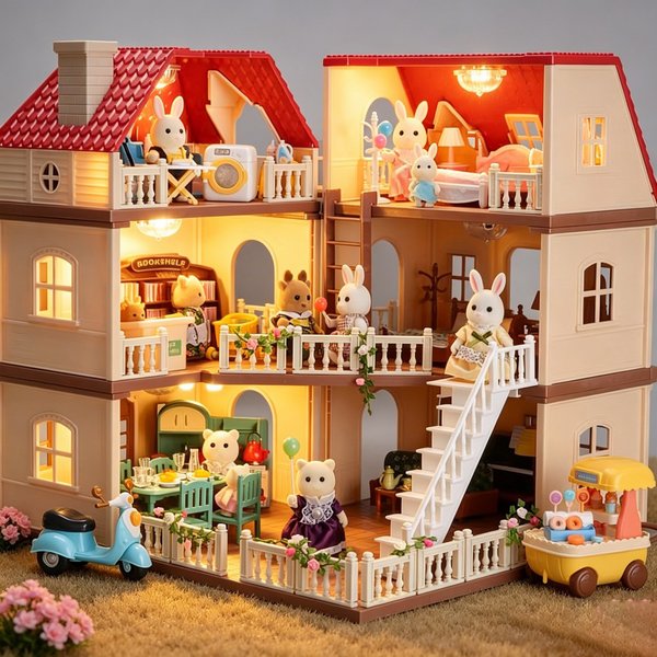 SENGTONGLEHOUSE-A09 DIY Zusammenbaubares Puppenhaus Villa Großes Haus Rollenspielzeug für Mädchen Simulation Waldfamilien-Hütte Puppenhaus-Spielset Kinder Geburtstagsgeschenk