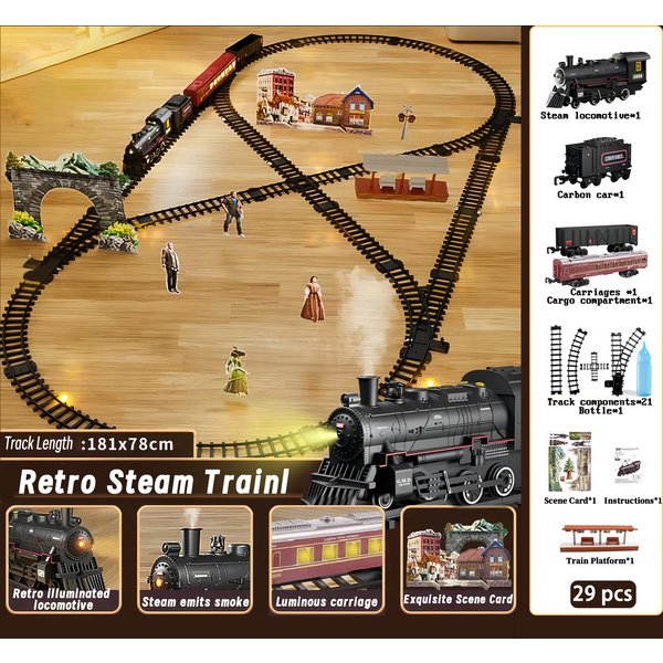 Classical Battery Operate Electric Railway Train Steam Locomotive Set Adding Water to Smoke Train Toys with Light&Sound