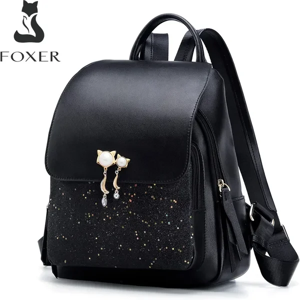 Sac à dos femme FOXER 2026 tendance avec sequins, pendentif chat, antivol, grande capacité, pour étudiante, trajets quotidiens et voyages