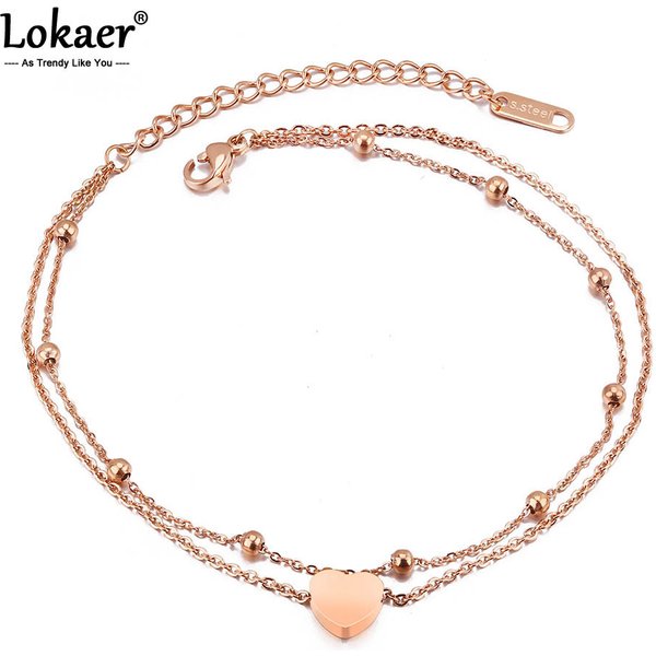 Lokaer Fashion Bohemia Double Layer Stainless Steel Heart Charm Bracelets For Women Rose Gold Plated Chain Link Bracelet B18197