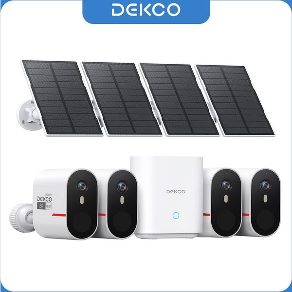 Dekco 3MP WLAN-Solarkamerasystem 4-Kamera-Set Außen Drahtlose Heimsicherheitskamera Farbnachtsicht 2-Wege-Audio CCTV-Kamera