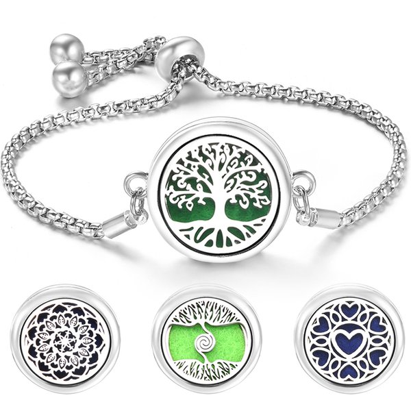 Bracelet d'aromathérapie arbre de vie à la mode, diffuseur d'huile essentielle, médaillon de parfum en acier inoxydable, bijoux réglables pour femmes