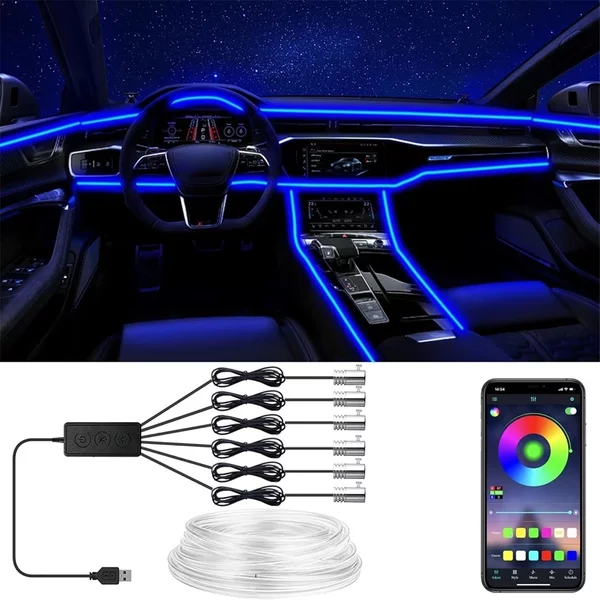 Bande lumineuse LED RGB flexible EL Wire 12V pour intérieur de voiture, néon d'ambiance décoratif avec contrôle par application