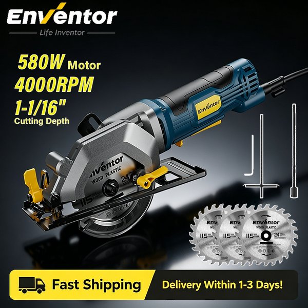Enventor Mini-Kreissäge, 4,8 A, 4-1/2 Zoll, elektrische Kreissäge mit 3 Sägeblättern, 4000 U/min, Schnitttiefe 1-1/16 Zoll für Holzschnitte