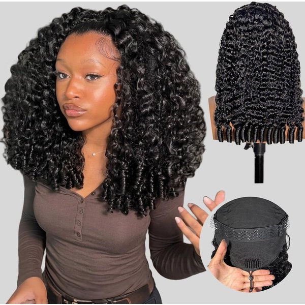 Perruque sans colle 100 % cheveux humains, perruque à bandeau bouclée birmane, perruque demi-tête 3 en 1 améliorée avec cordon de serrage, extensions à clip sans couture, perruque à rabat