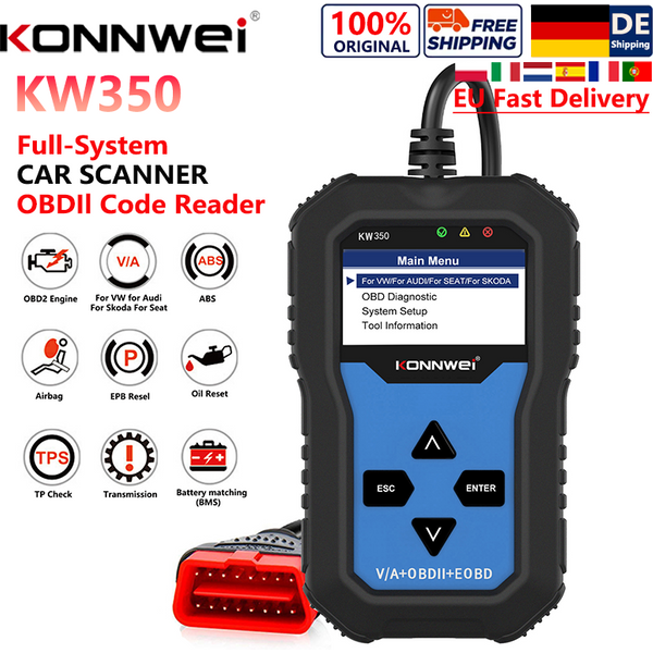 2026 KONNWEI KW350 Vollsystem OBD2 Auto-Diagnosegerät Professioneller OBD-Scanner für VAG VW Audi ABS Airbag Reset Ölservice-Licht EPB Diagnose Kostenloser Versand