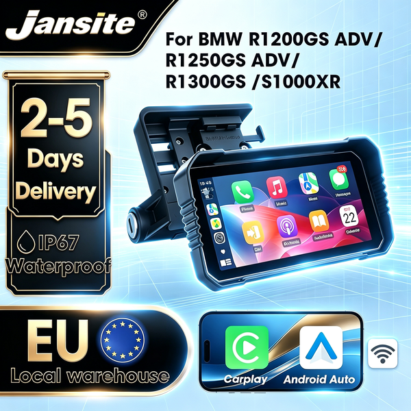 Jansite, GPS pour moto avec CarPlay et Android Auto sans fil, écran tactile, lecteur multimédia, étanche IPX7, Bluetooth, 6,25 pouces, pour BMW R1200GS, R1250GS, S1000XR.