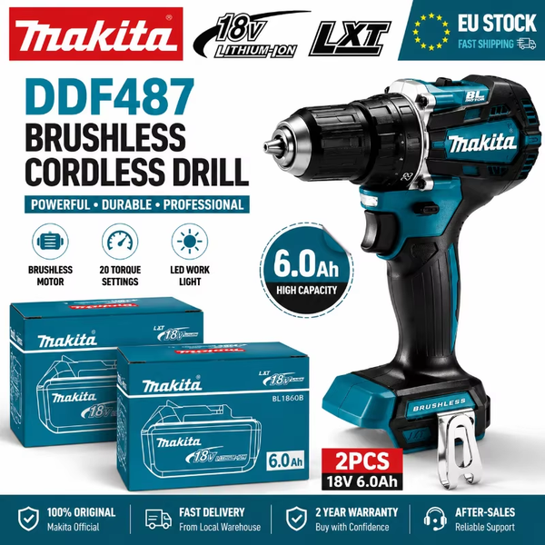 Makita 18V LXT Bürstenloser Akku-Bohrschrauber DDF487 + BL1860B BL1840 6.0Ah Akku-Set OEM Original Hochdrehmoment-Elektrowerkzeug-Set EU-Lager Schneller Versand