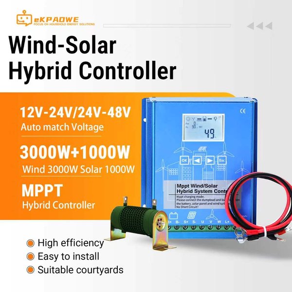 Hybrid MPPT controller for off-grid power systems with display, 12V 24V 48V, wind power 3000W, solar energy 1000W, from a warehouse in Poland.