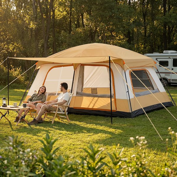Großes Campingzelt für 4-6 Personen, 2 Schlafzimmer, 1 Wohnbereich, atmungsaktive Mesh-Tür und -Fenster, tragbares Outdoor-Familienzelt mit Aufbewahrungstasche für Camping und Selbstfahrer-Touren