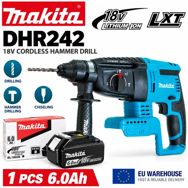 Makita DHR242 18V Bürstenloser Bohrhammer 24mm Beton, Kabelloser SDS Plus 4700 IPM 2,0J 3 Modi, Professionelles Bau-Elektrowerkzeug Kompatibel mit BL1860B BL1850B BL1815, EU-Schnellversand