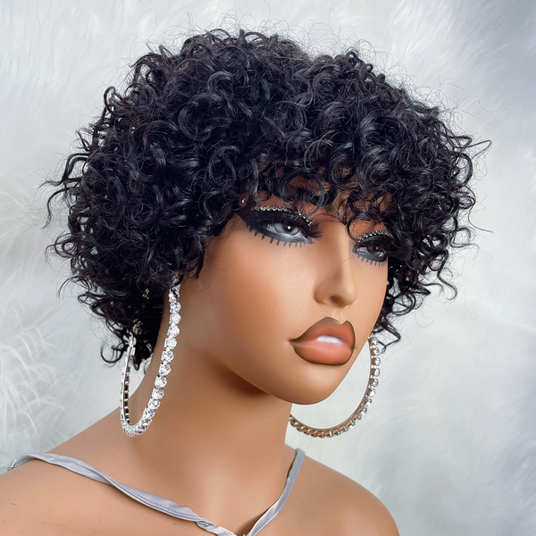 Pixie-Schnitt-Echthaar-Perücken für schwarze Frauen, Afro-Rose, lockig, Funmi, leimlose Perücken mit Pony, kurze, federnde, lockige Bob-Perücke mit Pony