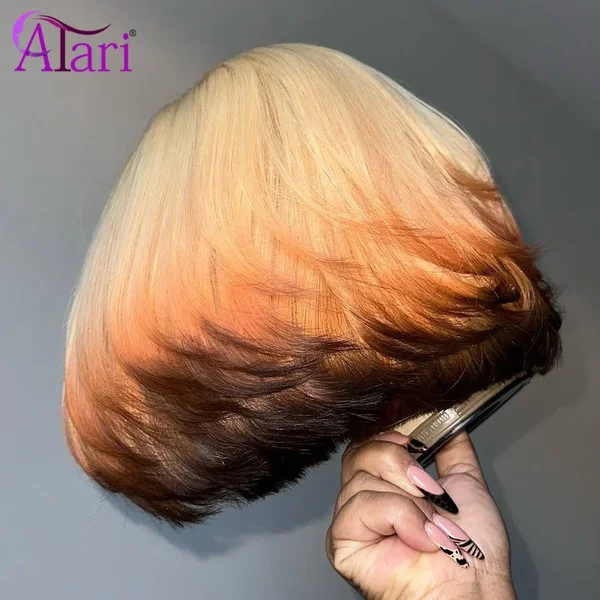 Mise à niveau 13x4 dentelle frontale Bob Striaght 3 tons perruques de cheveux humains brésilien Ombre 613 couleur courte Bob perruque transparente 180 densité