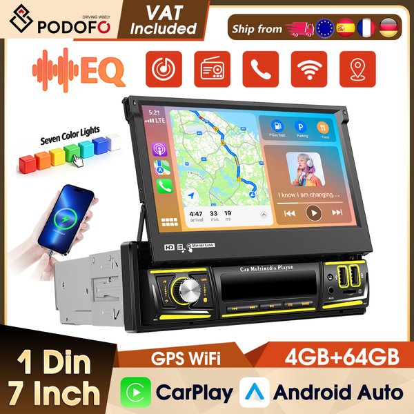 Podofo 7-Zoll 4+64G Android Multimedia-Player Bluetooth WIFI GPS FM RDS AI DSP EQ Autoradio Kabelloses Carplay Android Auto