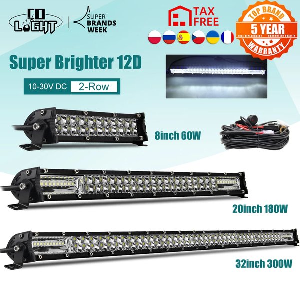 Barre lumineuse LED CO LIGHT Super Slim 12D 8" 20" 32" Spot Flood 60W 180W 300W pour 4x4, VTT, SUV, tout-terrain, éclairage de travail 12V 24V