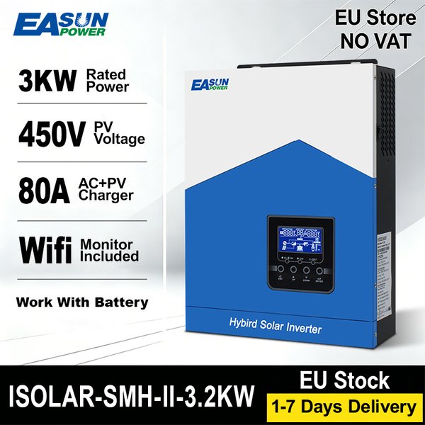 Inwerter hybrydowy solarny Easun Power 3200VA 3000W, off-grid, MPPT 80A, ładowarka solarna, akumulator litowo-żelazowo-fosforanowy 24V Lifepo4, 230VAC, PV 60V-450VDC