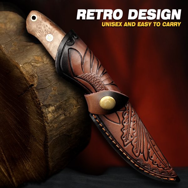 Xeeshinin Damaskus-Jagdmesser, handgefertigtes, geschmiedetes Messer mit feststehender Klinge, Holzgriff und Lederscheide, hochwertiges Outdoor-Messer für Camping, Wandern und Bushcraft.