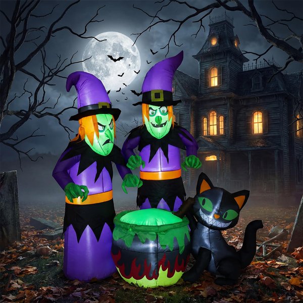 Décorations gonflables d'Halloween : Sorcières, chat noir autour d'une marmite, 1,8 m, décorations d'Halloween gonflables avec LED, sorcières gonflables pour la décoration de la cour, de la pelouse et