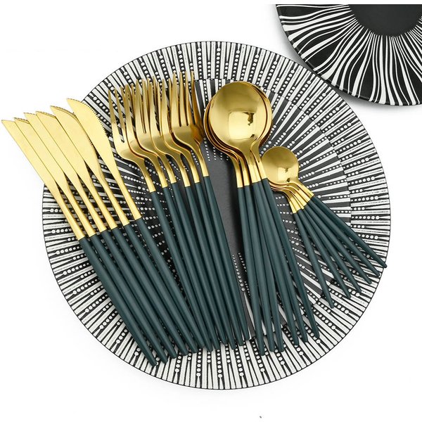 24Pcs Edelstahl Geschirr Set Küche Grün Gold Besteck Messer Gabel Löffel Besteck Geschirr Westlichen Besteck Set