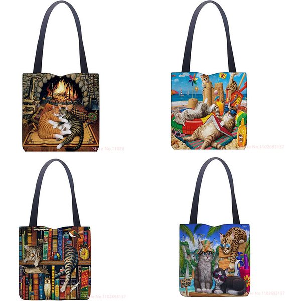 Oil Painting Cat Shopping Bag Eco Reusable Female Tote Bag College Handbag Retro Large Ladies Shoulder Shopper Bags
