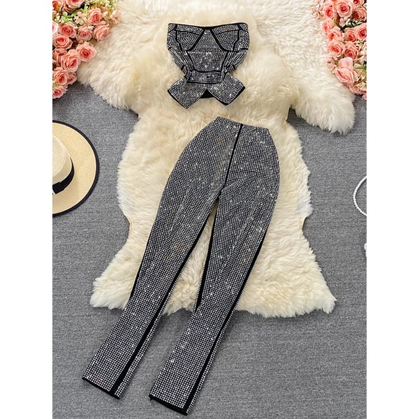 Ensemble deux pièces sexy pour femme, noir/blanc, orné de diamants, haut court à épaules dénudées et pantalon taille haute, tenue de soirée, nouvelle collection automne