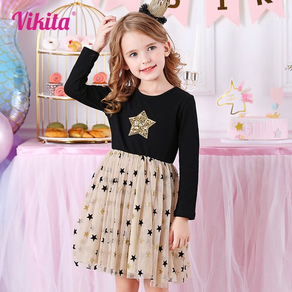 VIKITA Kinder Herbst Kleider für Mädchen Stern Pailletten Prinzessin Kleid Mädchen Langarm Party Vestidos Mädchen Kleid Kinder Kleidung
