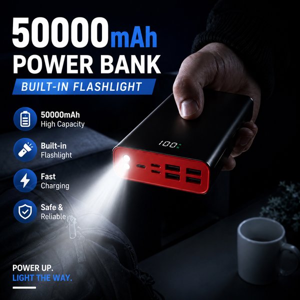 50000mAh Powerbank, 22,5W Schnellladung mit 4 USB-Ausgängen & 3 Eingängen (Typ-C/Micro/Lightning), Großkapazitäts-Ladegerät für mehrere Geräte, Camping, Reisen, Zuhause