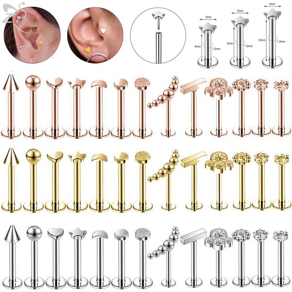 ZS 4Pcs/lot 16G Beaded Flower Lip Piercings Internally threaded Stainless Steel Labret Earring Helix Tragus Cartilage Piercing