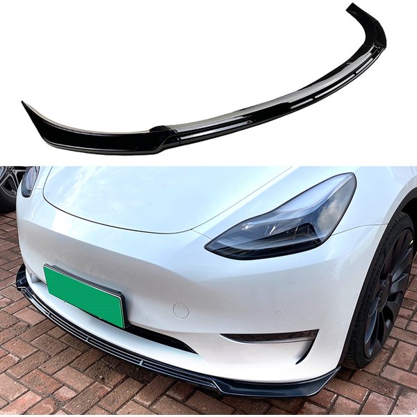 Pour Tesla Model Y 2019 2020 2021 2022 2023 2024, lèvre de spoiler de pare-chocs avant, noir brillant/aspect fibre de carbone, lame inférieure de séparateur.