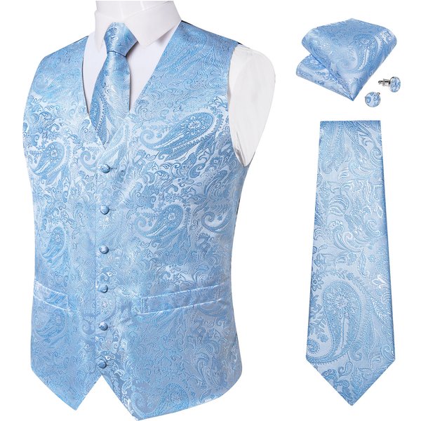 Fashion Light Blue Paisley Vests for Men with Tie Handkerchief Cufflinks Business Wedding Party Waistcoat Tuxedo Vest