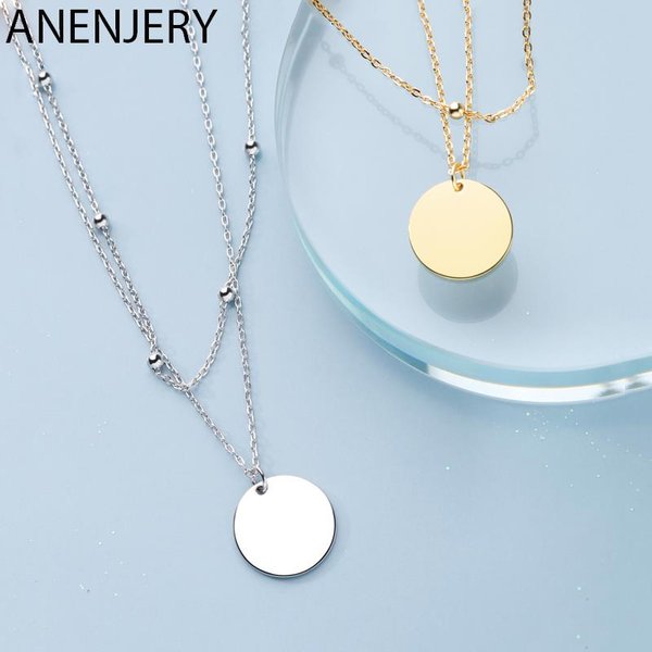 ANENJERY Double couche disque rond pendentif collier couleur or perle chaîne collier à breloques pour femmes bijoux