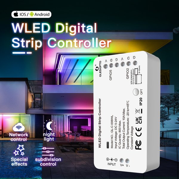 WLED Digitaler Lichtstreifen-Controller WIFI DC5-24V Unterstützt WS2812 2811 SK6812 und andere RGB RGBW-Lichtleisten 800 IC können DIY