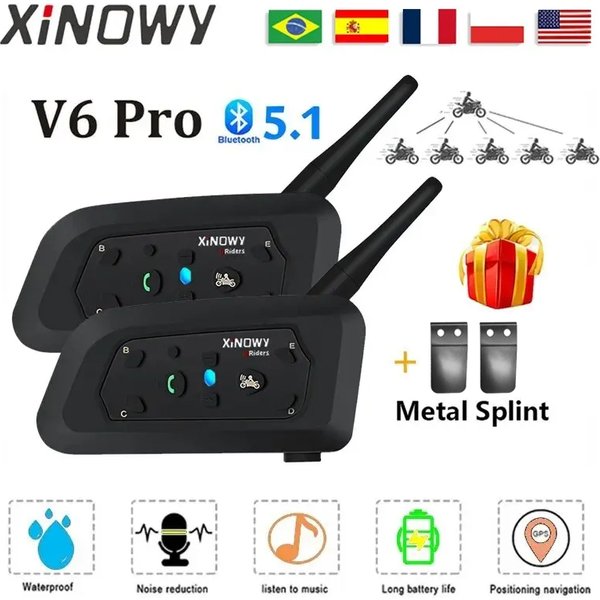 XINOWY V6 PRO Motorcycle Bluetooth Helmet Intercom Headset 1200M Interphone Communicator for 6 Riders Waterproof Music Player