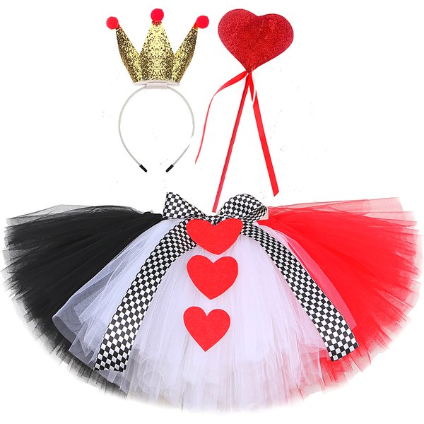 Red Heart Princess Tutu Skirt for Girls Christmas Halloween Fancy Costume Kids Red Black White Tulle Outfit with Gold Crown Wand