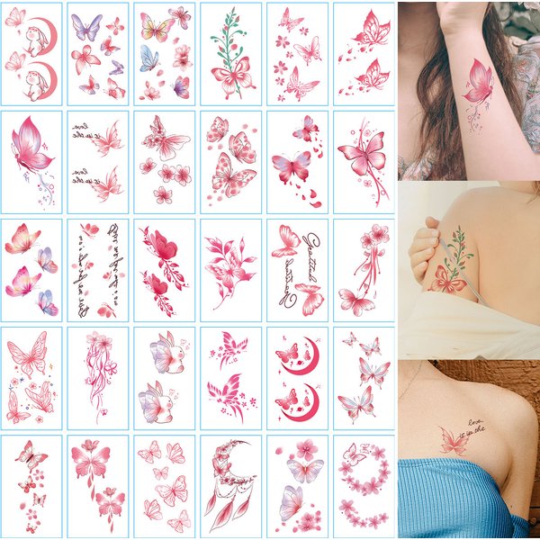 30 feuilles d'autocollants de tatouage temporaire, petits autocollants de tatouage à motif de fleur de lune et de papillon mignon