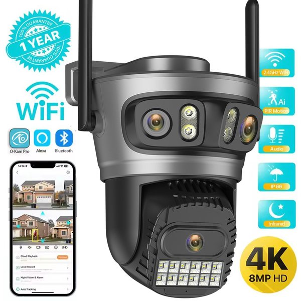 O-Kam Pro 15MP WLAN-Außenkamera mit automatischer Verfolgung, mehreren Bildschirmen, 5-fachem Digitalzoom, PTZ-Funktion, Sicherheits-CCTV-Überwachung