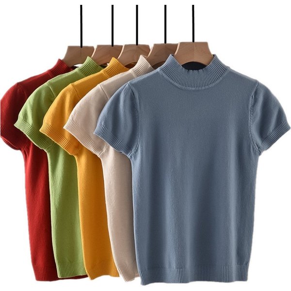 2024 Korean Fashion Women Khaki Knitted Shirts Short Sleeve Tops and Blouses Turtleneck Summer Elegant Casual Slim Clothing 8622