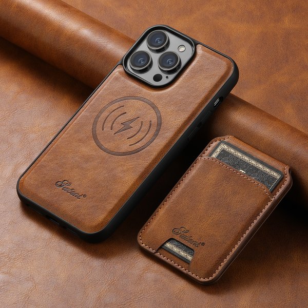 SUTENI Kompatible Kabellose Ladehülle mit Kartenhalter aus Leder, Magnetische Brieftasche für iPhone 12 13 14 15 16 Plus 17 18 ProMax