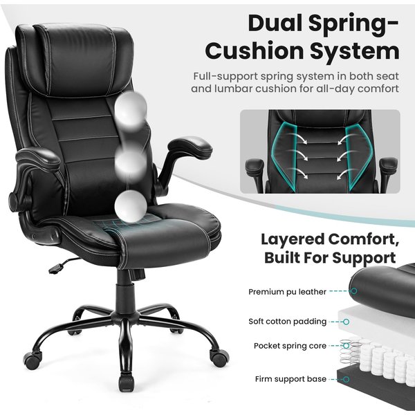 Ergonomic Executive Office Chair, High Back – Big and Tall 350lbs Heavy Duty Desk Chair – Adjustable Headrest, Lumbar Support, Turnover-Up Armrests – Extra Wide Seat – Faux Leather, Metal Base – Home