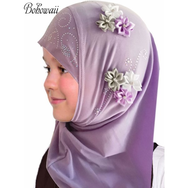 BOHOWAII enfants filles musulman instantané Hijab prêt à porter châles islamiques Turban avec fleurs écharpes Jersey bandeau (2-7 ans)