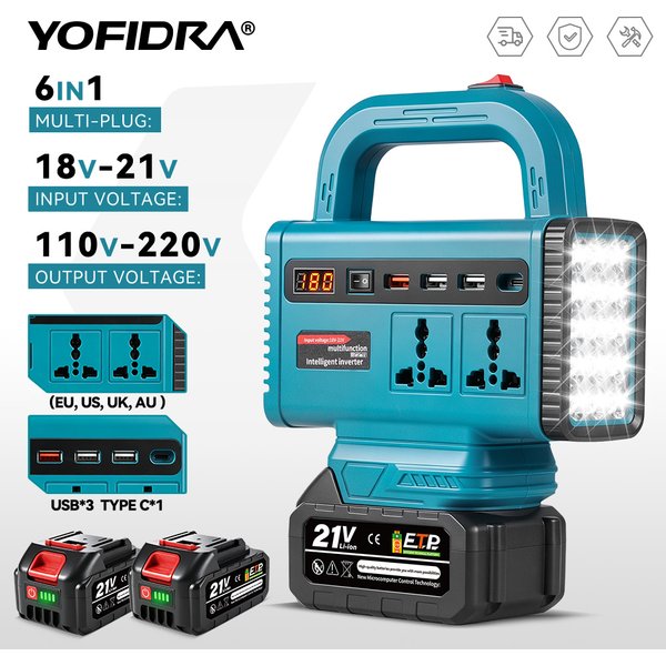 YOFIDRA, onduleur portable de 350 W, alimentation de secours pour l’extérieur, avec port USB Type-C, prise secteur et lampe LED, compatible avec les batteries Makita.